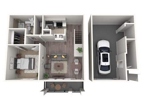 a stylized 3d floor plan of a 2100 sq ft apartment with a car at The Atlantic Stone Oak Apartments, Texas